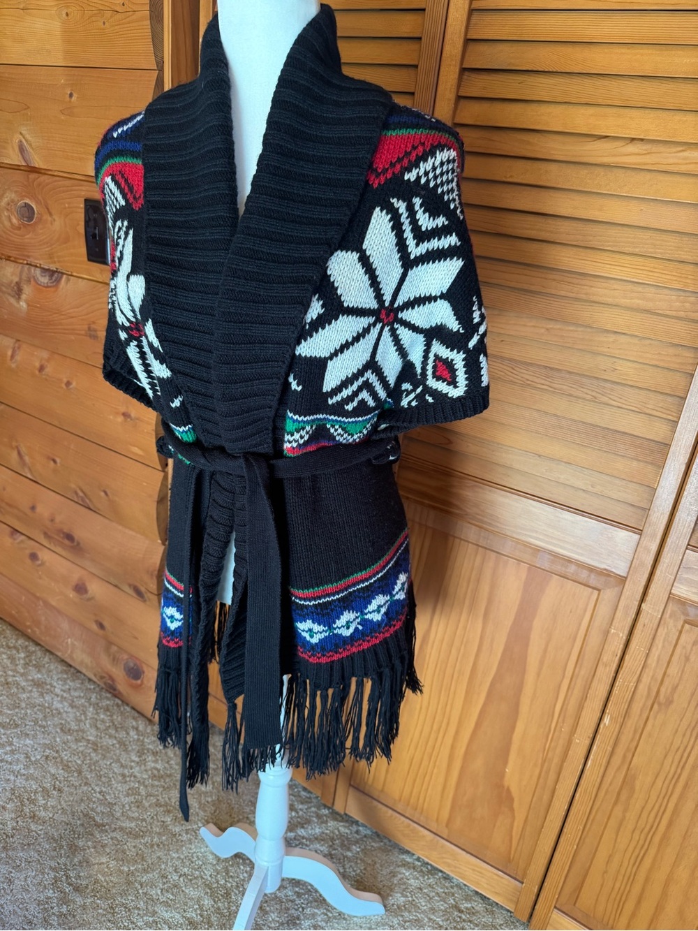 Ralph Lauren Fair Isle Snowflake Fringe Belted Cardigan Vest